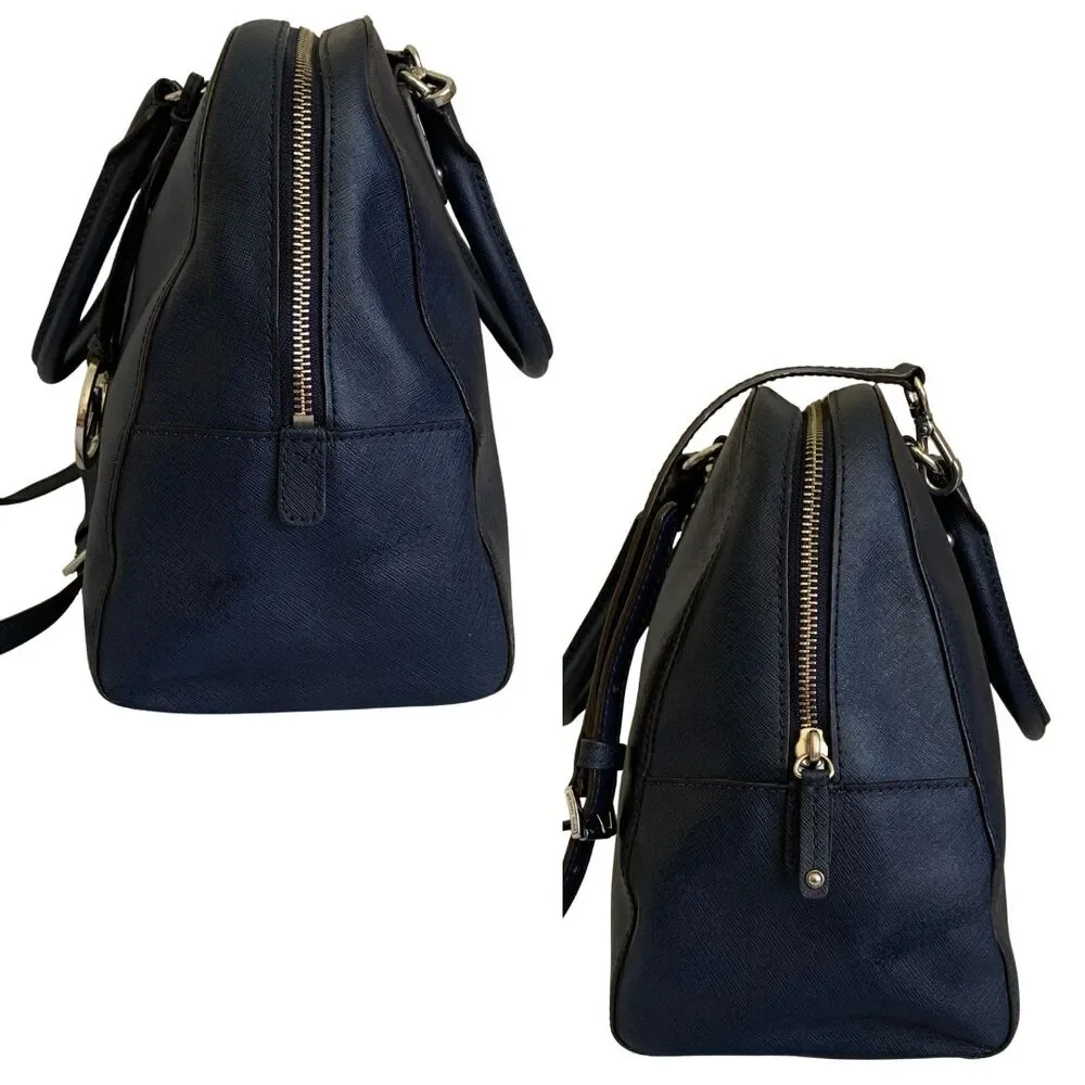 Michael Kors Navy Blue Saffiano Leather Satchel Crossbody Bag Double Top Handle